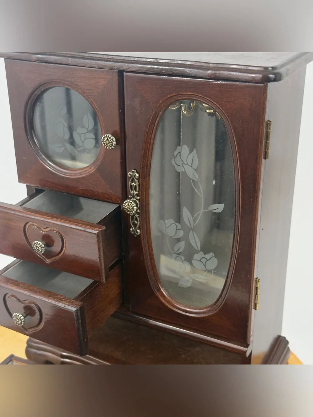 Wooden Heart-Drawer Jewelry Box with Mirrored Door - Dark Brown